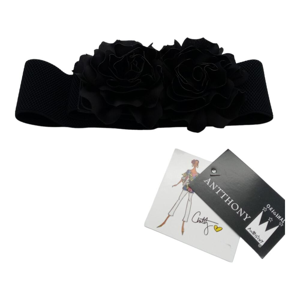 Antthony Originals Satin Floral Elastic Belt Black Size Small NWT